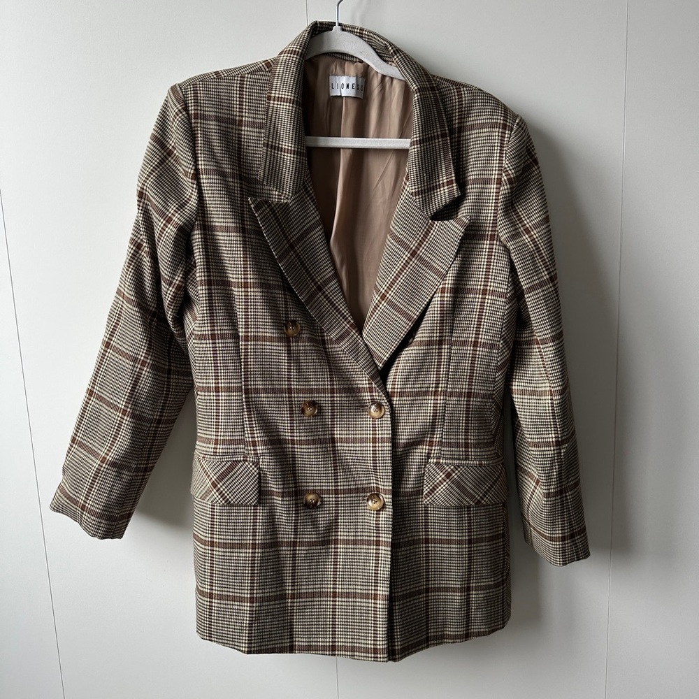 Lioness Tan Plaid Double-Breasted Blazer